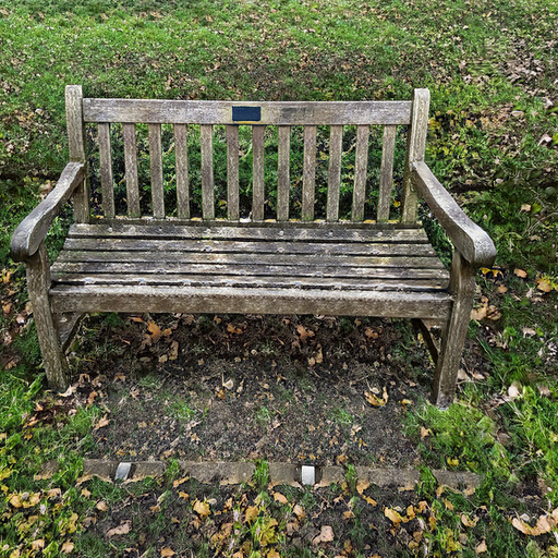 A photograph of a memorial bench which has been generated using artificial intelligence.