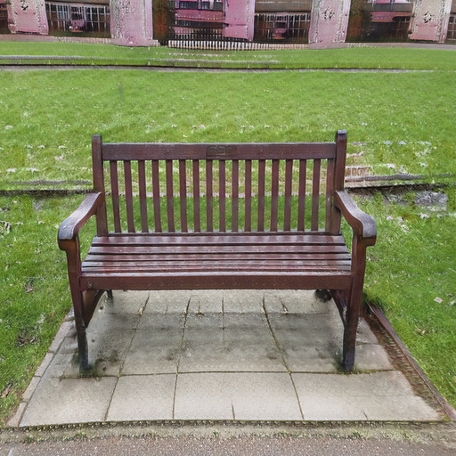 A photograph of a memorial bench which has been generated using artificial intelligence.