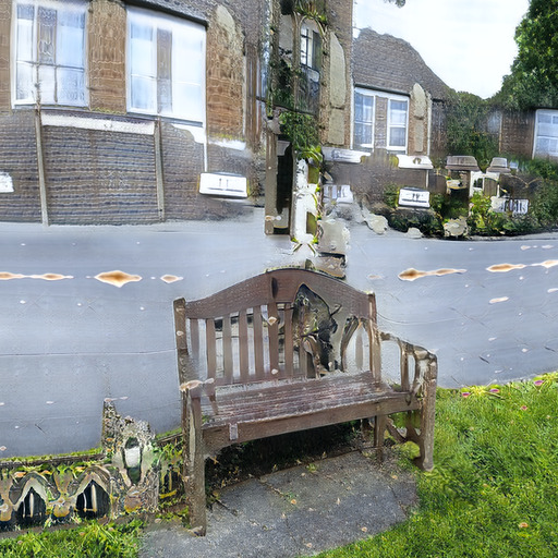 A photograph of a memorial bench which has been generated using artificial intelligence.