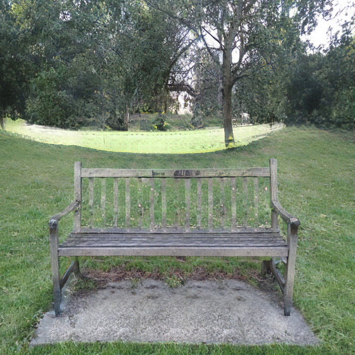 A photograph of a memorial bench which has been generated using artificial intelligence.