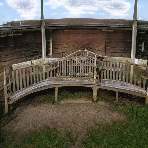 A photograph of a memorial bench which has been generated using artificial intelligence.