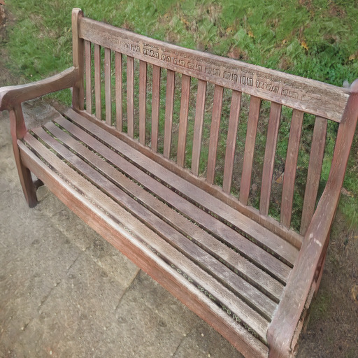 A photograph of a memorial bench which has been generated using artificial intelligence.