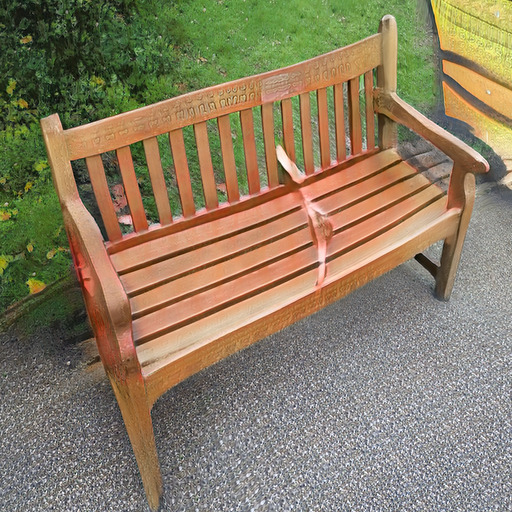 A photograph of a memorial bench which has been generated using artificial intelligence.