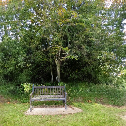 A photograph of a memorial bench which has been generated using artificial intelligence.