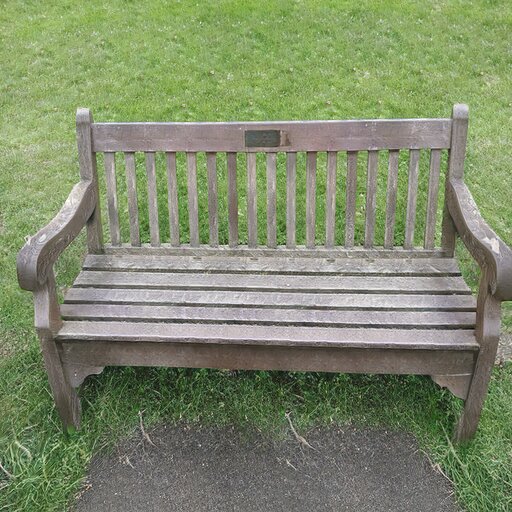 A photograph of a memorial bench which has been generated using artificial intelligence.