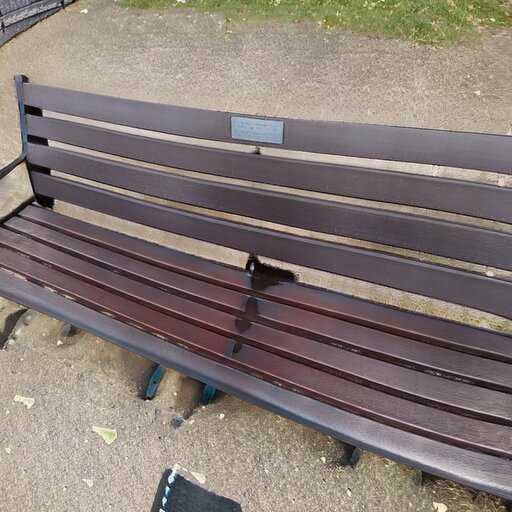 A photograph of a memorial bench which has been generated using artificial intelligence.
