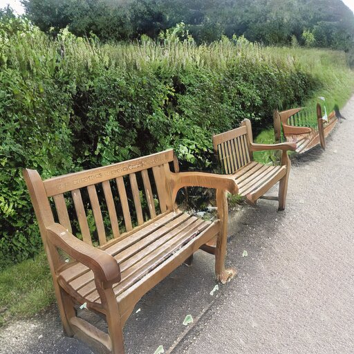 A photograph of a memorial bench which has been generated using artificial intelligence.