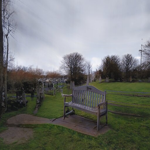 A photograph of a memorial bench which has been generated using artificial intelligence.