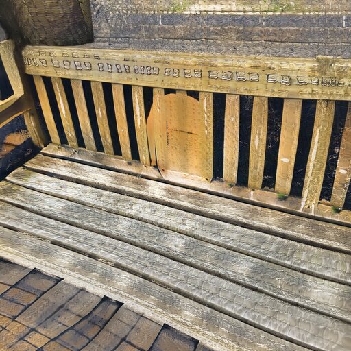 A photograph of a memorial bench which has been generated using artificial intelligence.